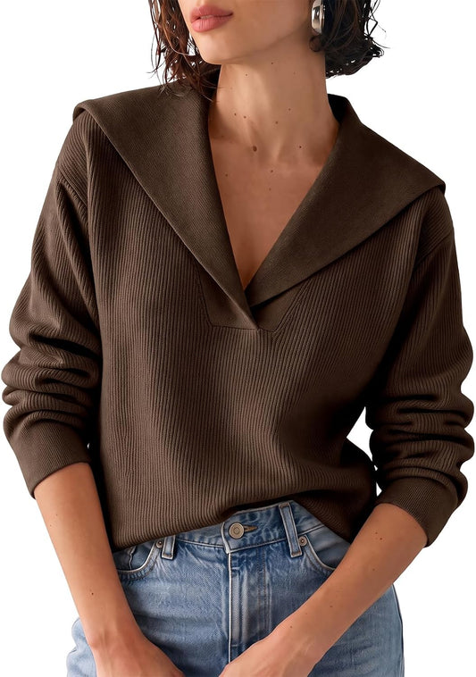 Womens Pullover Sweaters Lapel Collar V Neck Long Sleeve Sweater | Ribbed Knit. Coastal Sailor Collar. Quiet Luxury. Lightweight. Casual Tops.