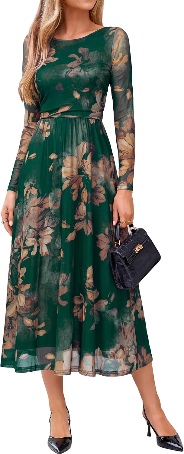 Womens Fall Floral Long Sleeve Cocktail Wedding Guest Maxi Dress | Elegant Semi Formal. Winter Holiday Party. A Line Flowy. Boho Long Dress. Ruched High Waist.