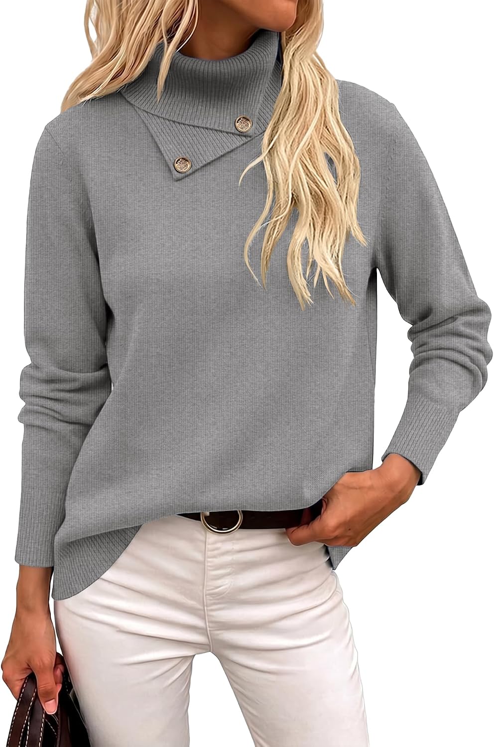 Long Sleeve High Neck Knit Cozy Pullover Sweater with Metal Button.
