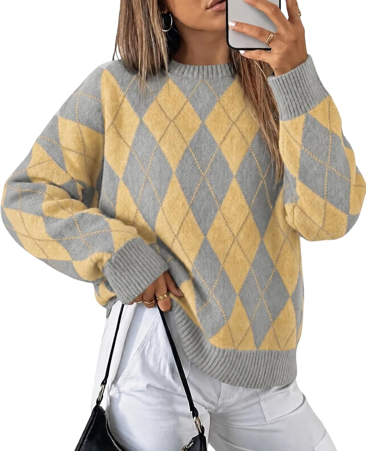 Womens Oversized Sweaters Long Sleeve Argyle Plaid Trendy Casual Fall Lightweight Knit Pullover Tops Brown