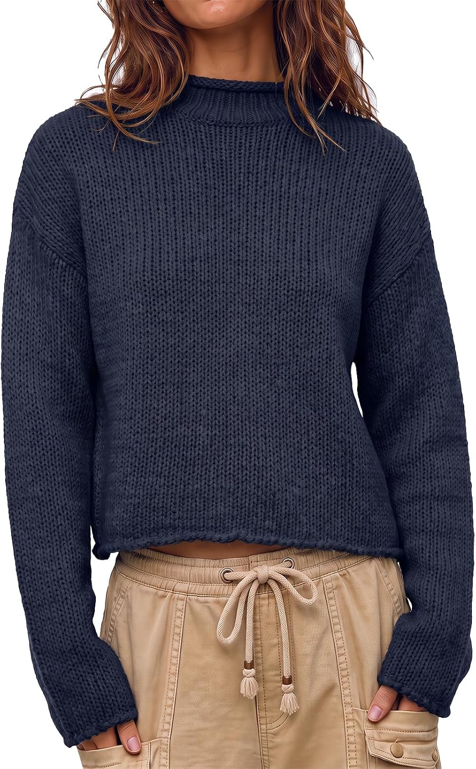 Womens Cropped Sweater Rolled Neck Knit Fall Pullover Tops Navy | Oversized.Mock Neck.Trendy Casual.Long Sleeve.Warm Winter.Loose Fit.Fall.Winter.