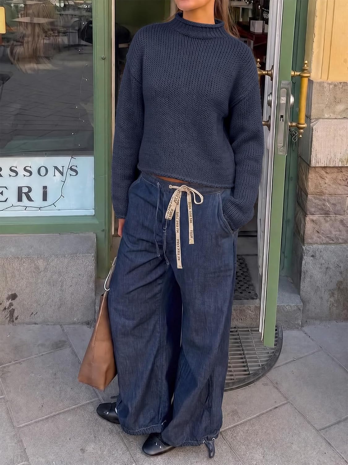 Womens Cropped Sweater Rolled Neck Knit Fall Pullover Tops Navy | Oversized.Mock Neck.Trendy Casual.Long Sleeve.Warm Winter.Loose Fit.Fall.Winter.