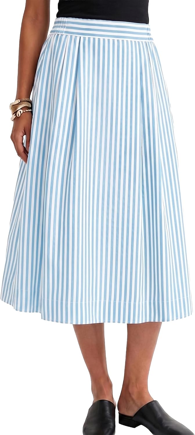 Gingham Skirt Women Midi Length A Line High Waist Skirts | Black White Plaid. Trendy Flowy Skirt with Pocket. Pleated Skirts for Wedding Vacation. Business Casual.