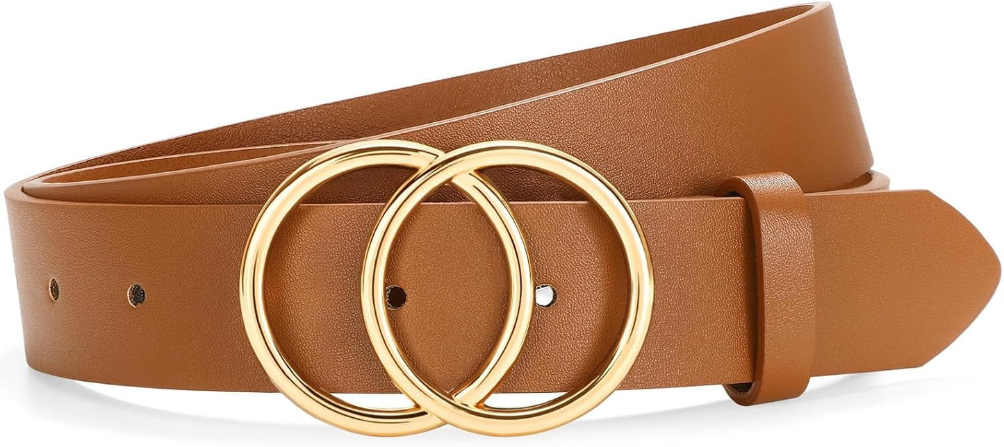 Womens Leather Belt for Jeans Pants Fashion Waist Belts Double Ring Buckle.Gold Buckle.leopard.