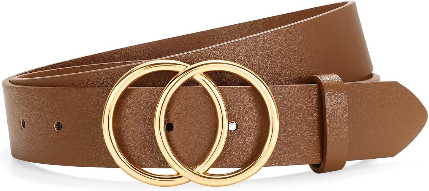 Womens Leather Belt for Jeans Pants Fashion Waist Belts Double Ring Buckle.Gold Buckle.leopard.