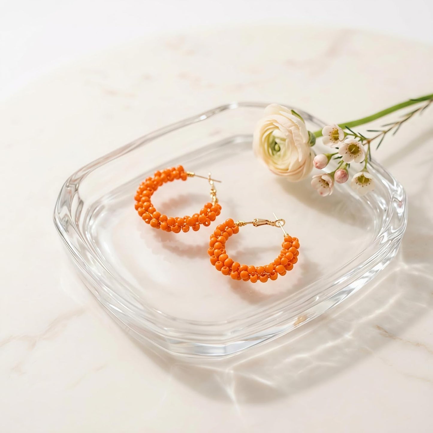 Colorful Beaded Hoop Earrings for Women. Handmade Style Boho Jewelry (Orange)