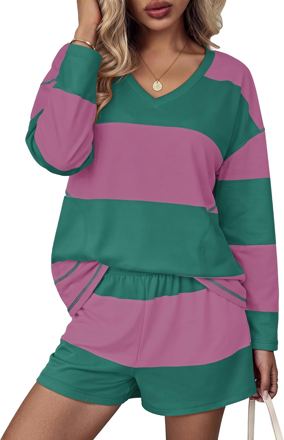 Women Fall Lounge Sets Long Sleeve Shorts Set | Oversized Matching Outfit. 2026 Fall Striped Shirts and Shorts Set.