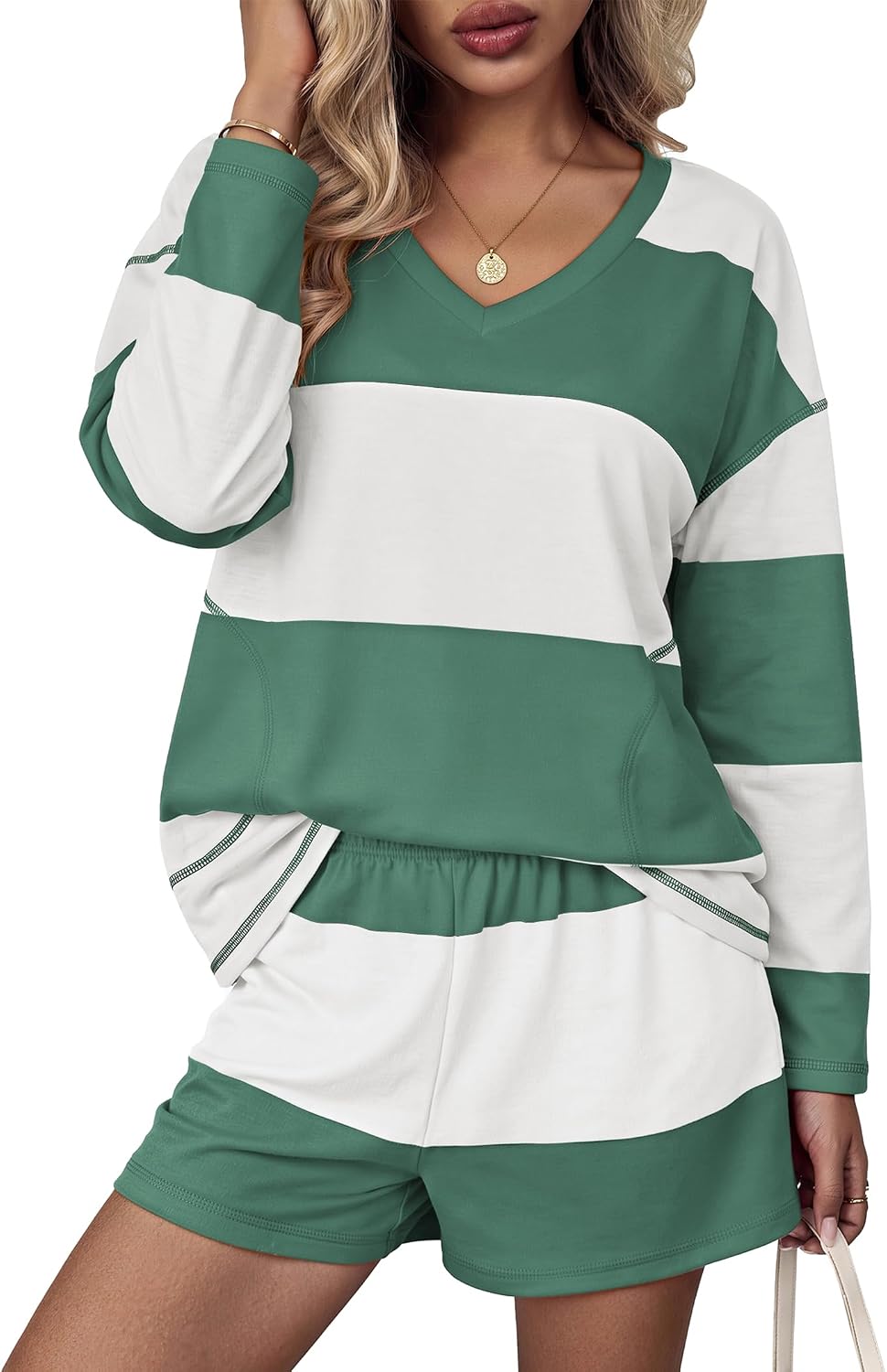 Women Fall Lounge Sets Long Sleeve Shorts Set | Oversized Matching Outfit. 2026 Fall Striped Shirts and Shorts Set.