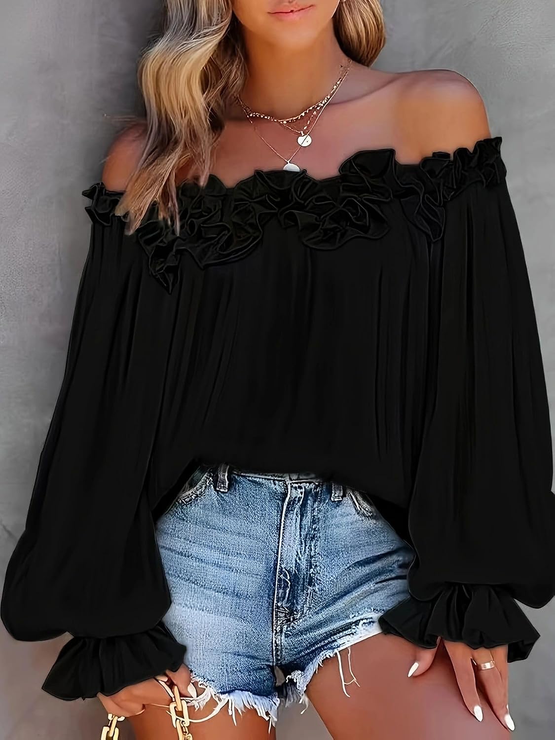 Women's Off Shoulder Tops Sexy Ruffle Neckline Lantern Long Sleeve Summer Casual Loose Fit Flowy Shirts Party Clubwear Tops Black
