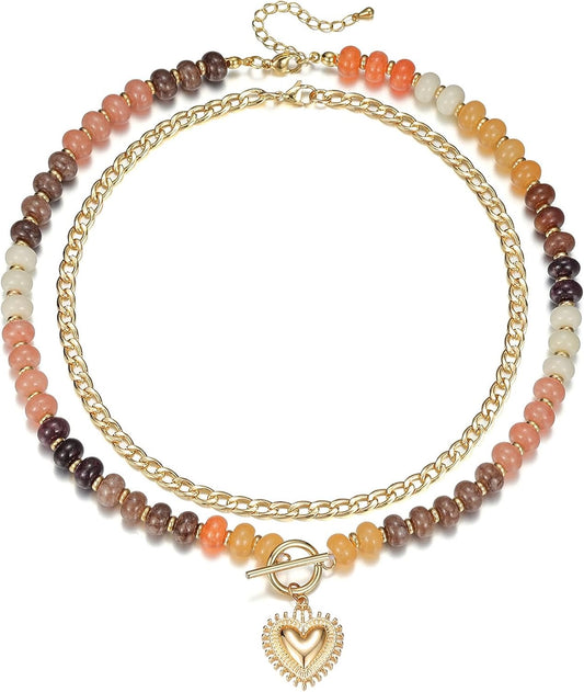 Trendy Statement Stack Necklace. Boho Beach Jewelry Gift with Heart Charm. Stone bead. Gold Pendant and Toggle Clasp