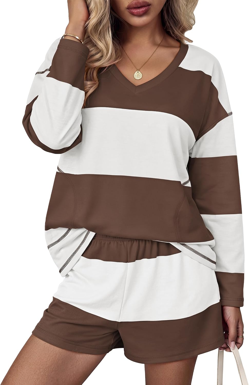 Women Fall Lounge Sets Long Sleeve Shorts Set | Oversized Matching Outfit. 2026 Fall Striped Shirts and Shorts Set.