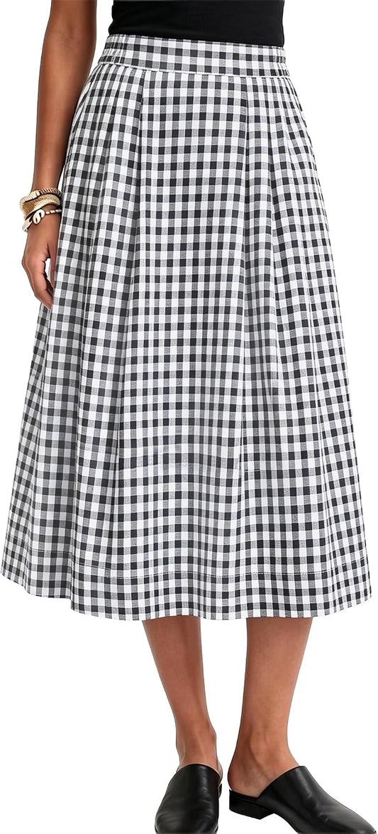 Gingham Skirt Women Midi Length A Line High Waist Skirts | Black White Plaid. Trendy Flowy Skirt with Pocket. Pleated Skirts for Wedding Vacation. Business Casual.