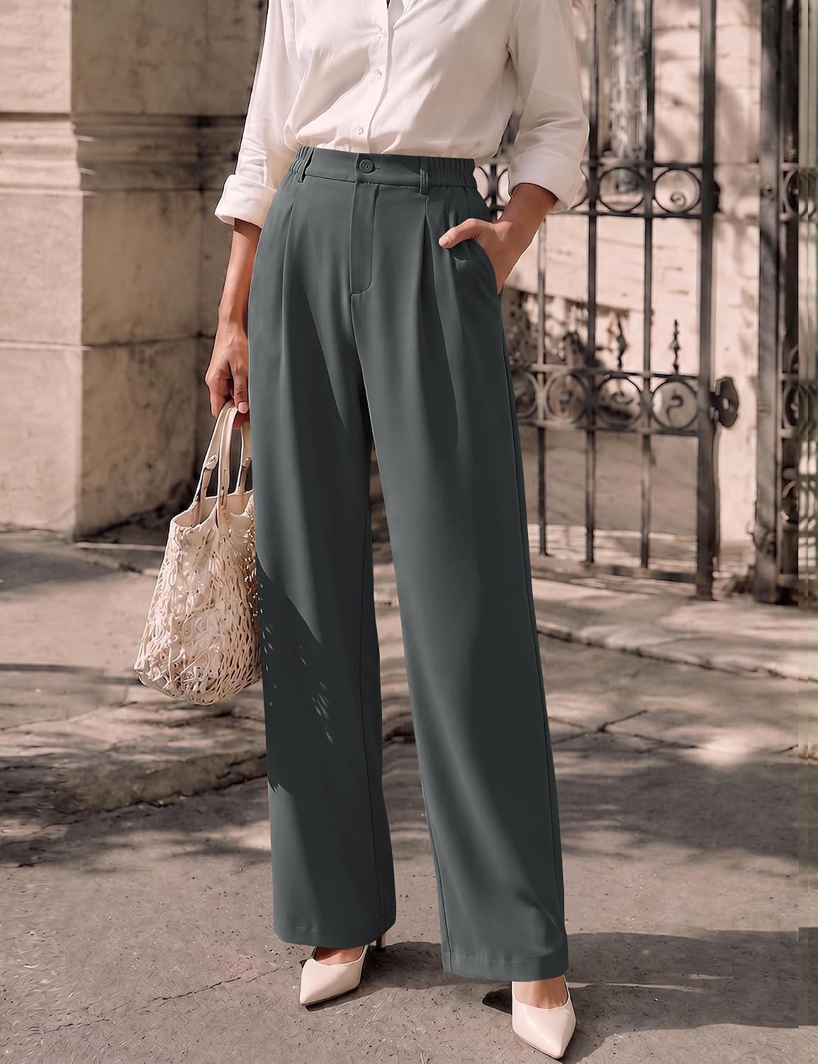 Women Wide Leg Pants Dressy Casual High Waisted Pleated Trousers | Elastic Waist. Button Down. Pockets. Lightweight. Business Casual Slacks.