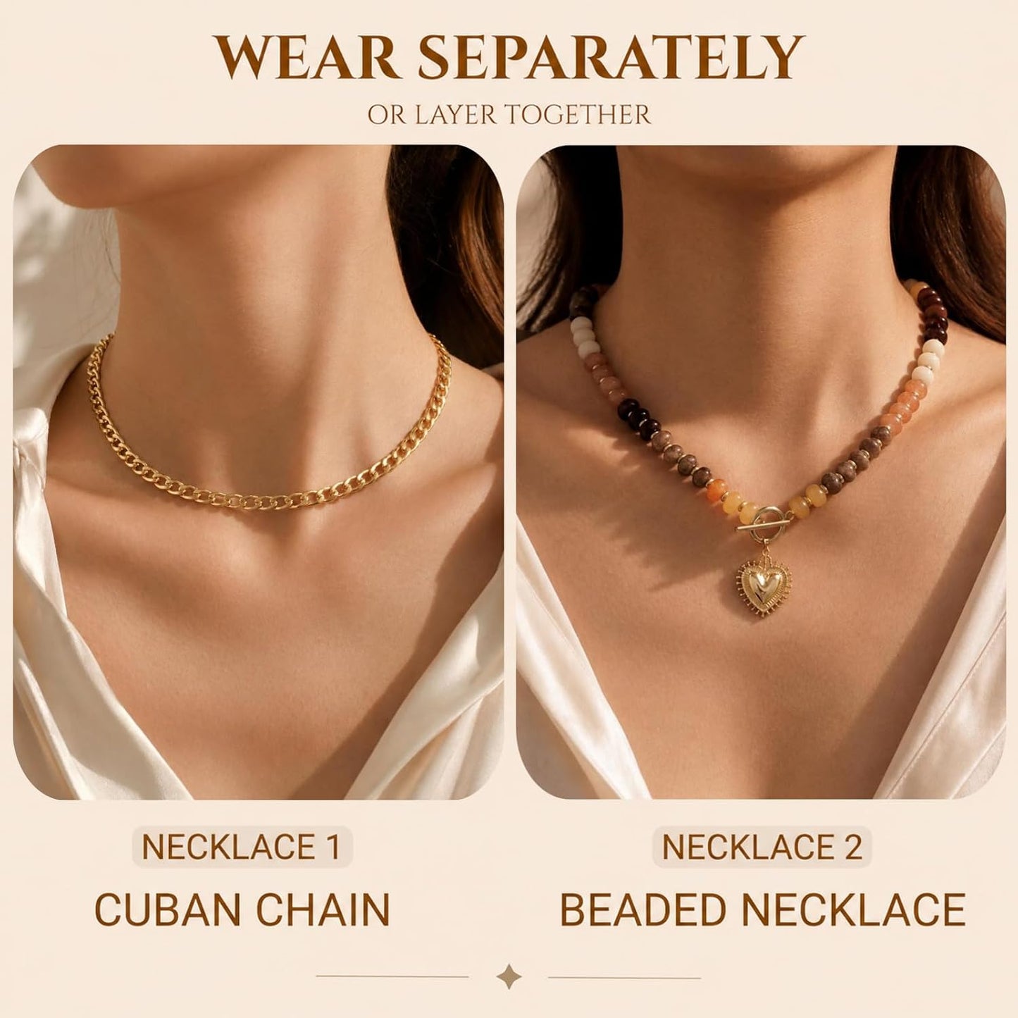 Trendy Statement Stack Necklace. Boho Beach Jewelry Gift with Heart Charm. Stone bead. Gold Pendant and Toggle Clasp
