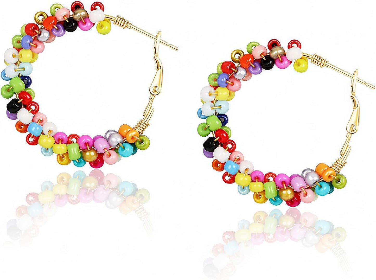 Colorful Beaded Hoop Earrings for Women. Handmade Style Boho Jewelry (Orange)