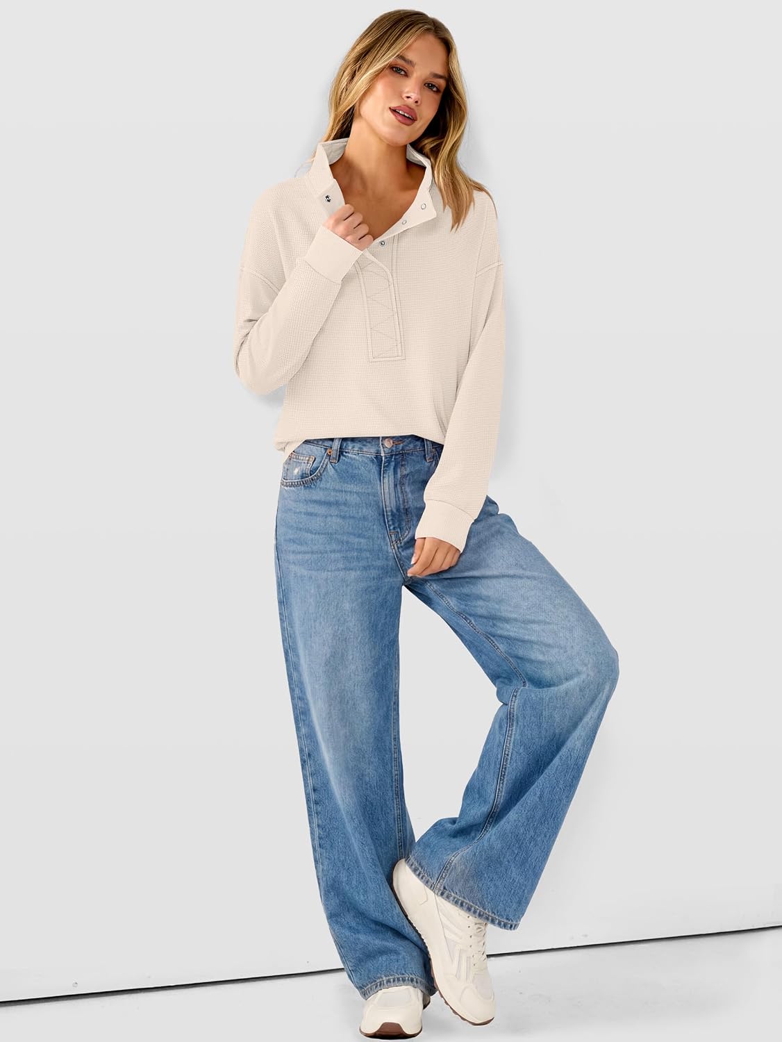 Women Waffle Knit Henley Pullover Tops Beige | Lightweight Comfy Soft Fall Outfits. Long Sleeve Loose Stand Collar Half Button.