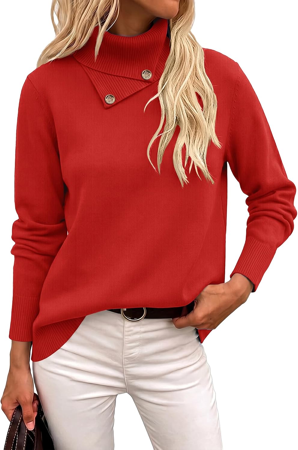 Long Sleeve High Neck Knit Cozy Pullover Sweater with Metal Button.