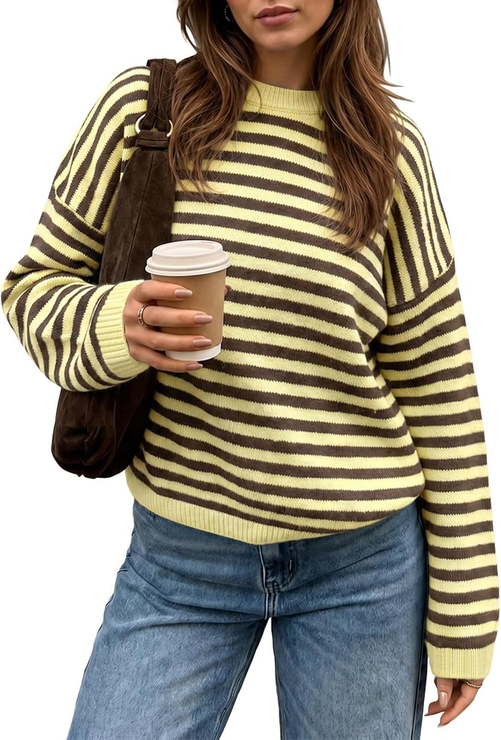 Womens Striped Sweater Oversized Crew Neck Pullover Light Pink | Soft Knit Long Sleeve Tops. Color Block. Trendy Cute Sweaters.