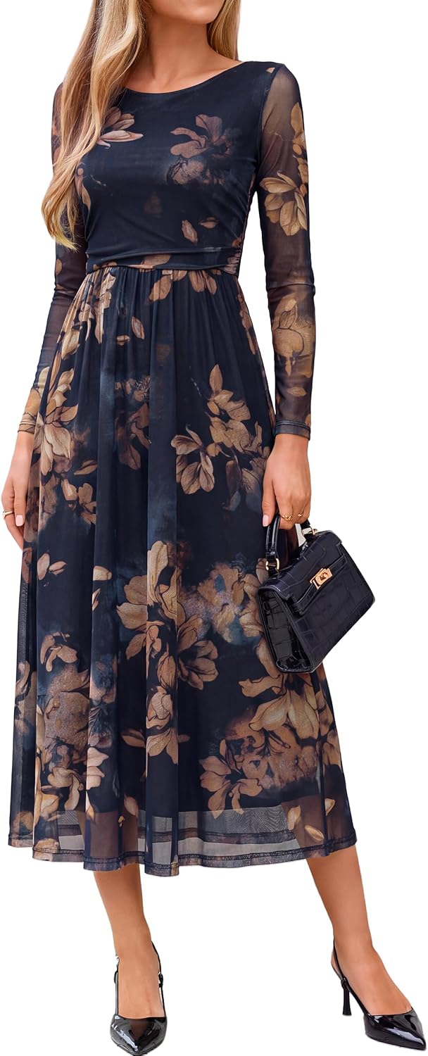 Womens Fall Floral Long Sleeve Cocktail Wedding Guest Maxi Dress | Elegant Semi Formal. Winter Holiday Party. A Line Flowy. Boho Long Dress. Ruched High Waist.