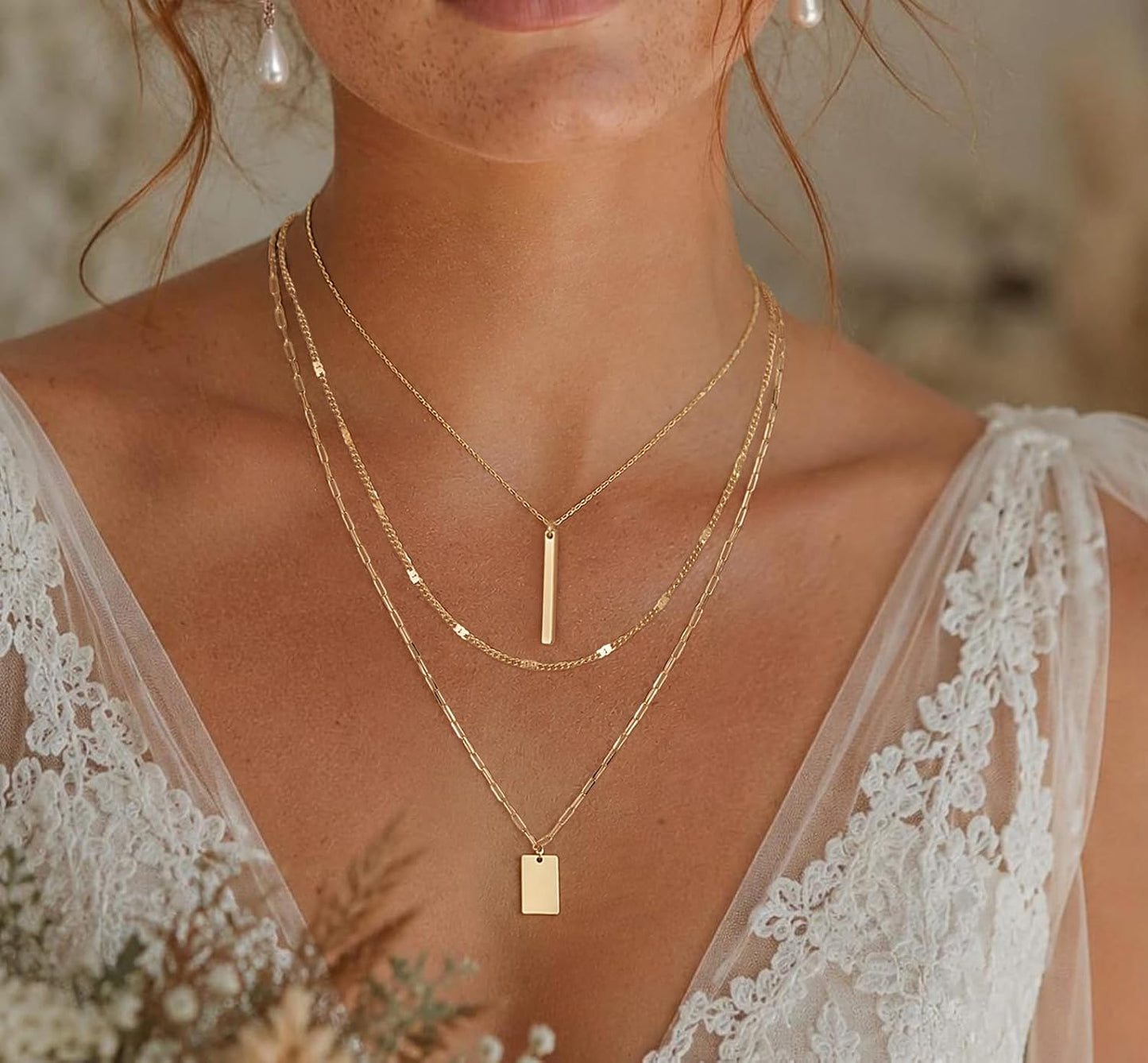 Gold Necklace for Women -14k Gold Plated Bar Dog Tag Necklaces |