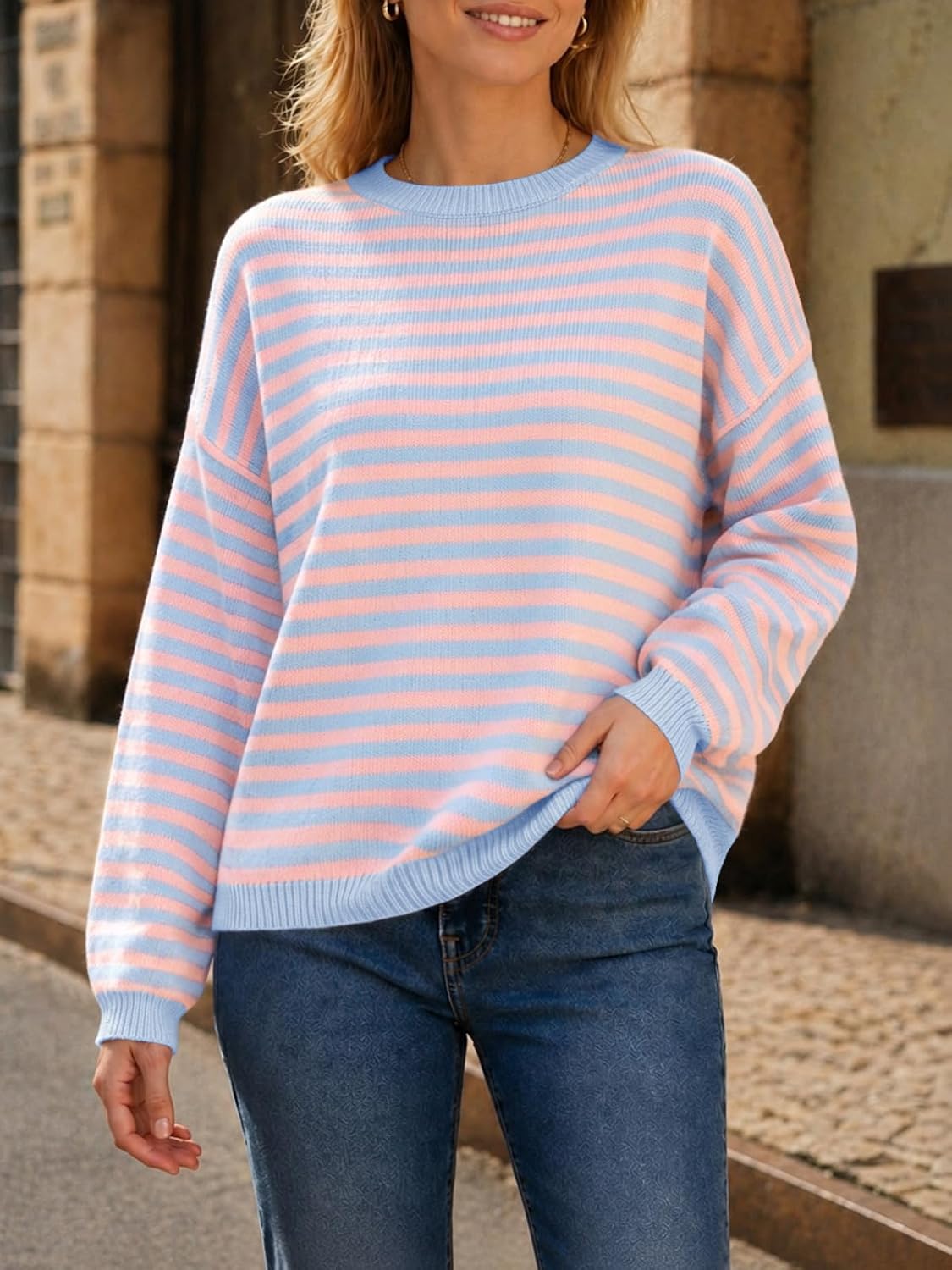 Womens Striped Sweater Oversized Crew Neck Pullover Light Pink | Soft Knit Long Sleeve Tops. Color Block. Trendy Cute Sweaters.