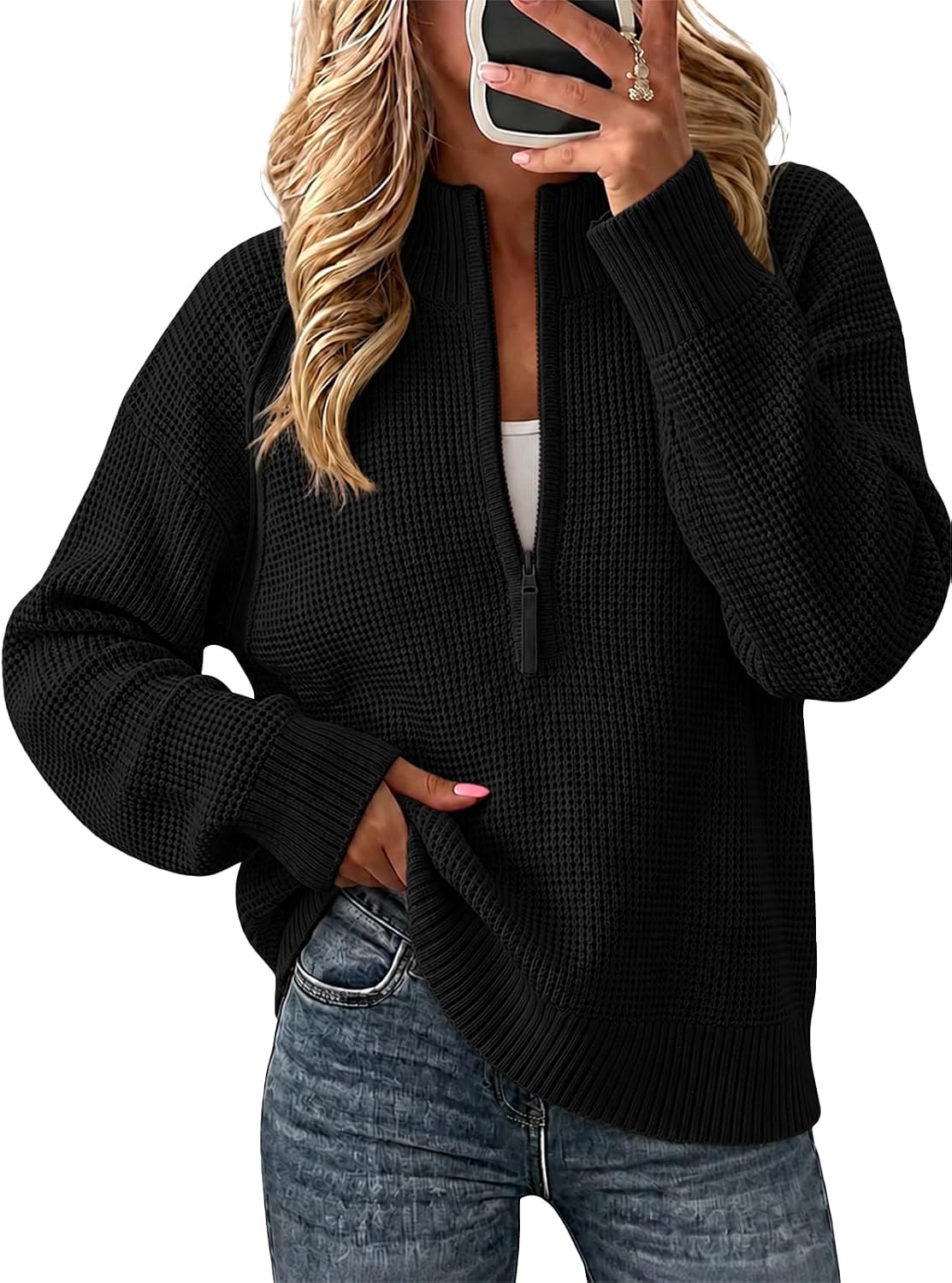 Womens Quarter Zip Pullover Sweaters Waffle Knit Long Sleeve Tops | Thumb Hole. Collared. Half Zip. Casual. Ribbed Sweatshirts. Loose Fit. V-neck.