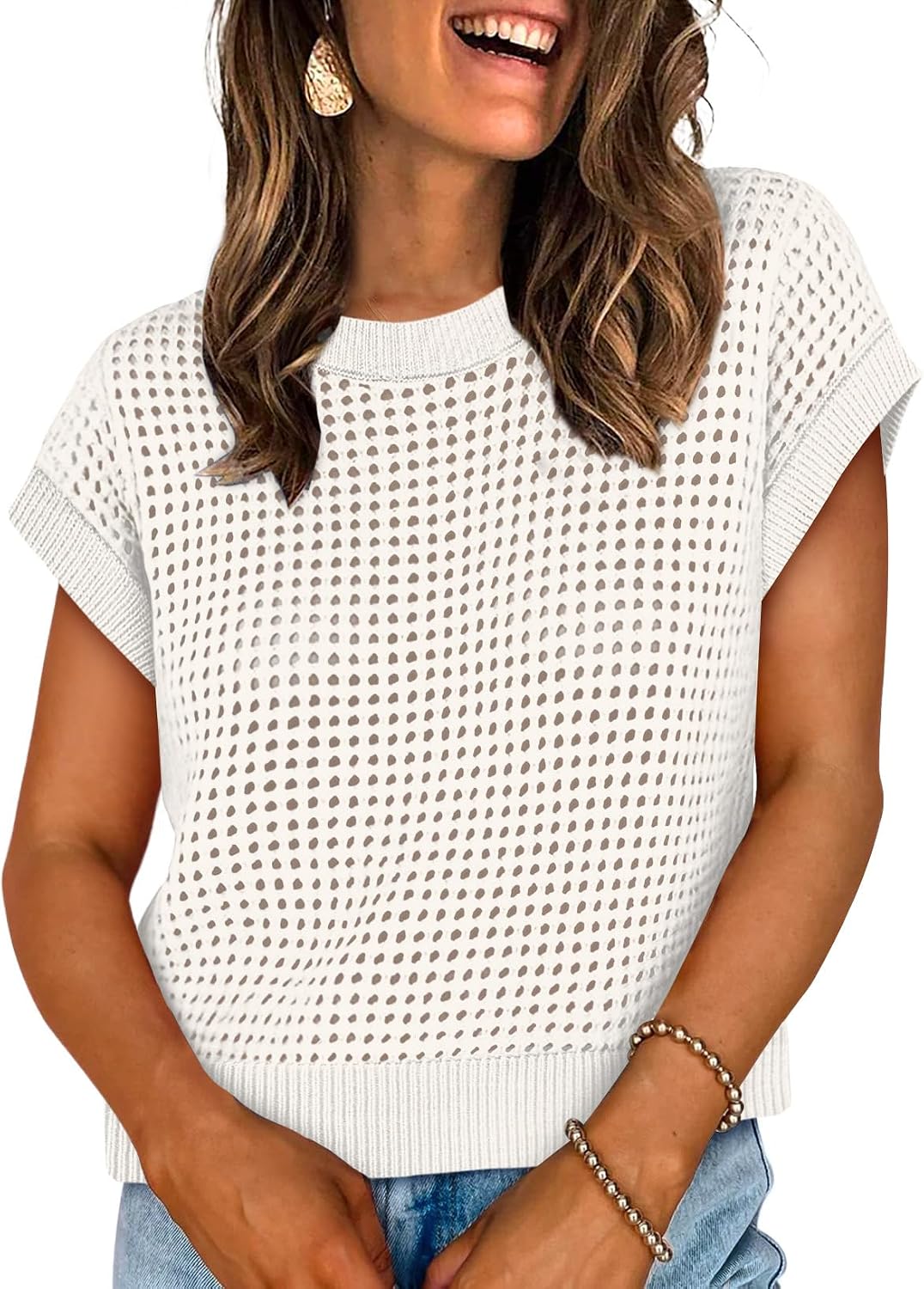 Womens Tops Trendy Short Sleeve Sweater for Women Spring Tops Cute Summer Outfits Cruise Teacher Resort Wear 2026 Boho Beach Vacation Clothes Fashion Clothing Business Casual Shirts Dressy Work White