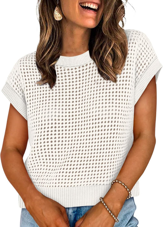 Womens Tops Trendy Short Sleeve Sweater for Women Spring Tops Cute Summer Outfits Cruise Teacher Resort Wear 2026 Boho Beach Vacation Clothes Fashion Clothing Business Casual Shirts Dressy Work White