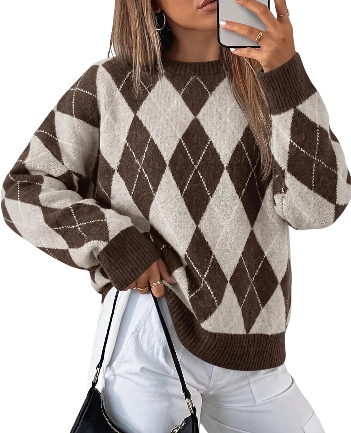 Womens Oversized Sweaters Long Sleeve Argyle Plaid Trendy Casual Fall Lightweight Knit Pullover Tops Brown