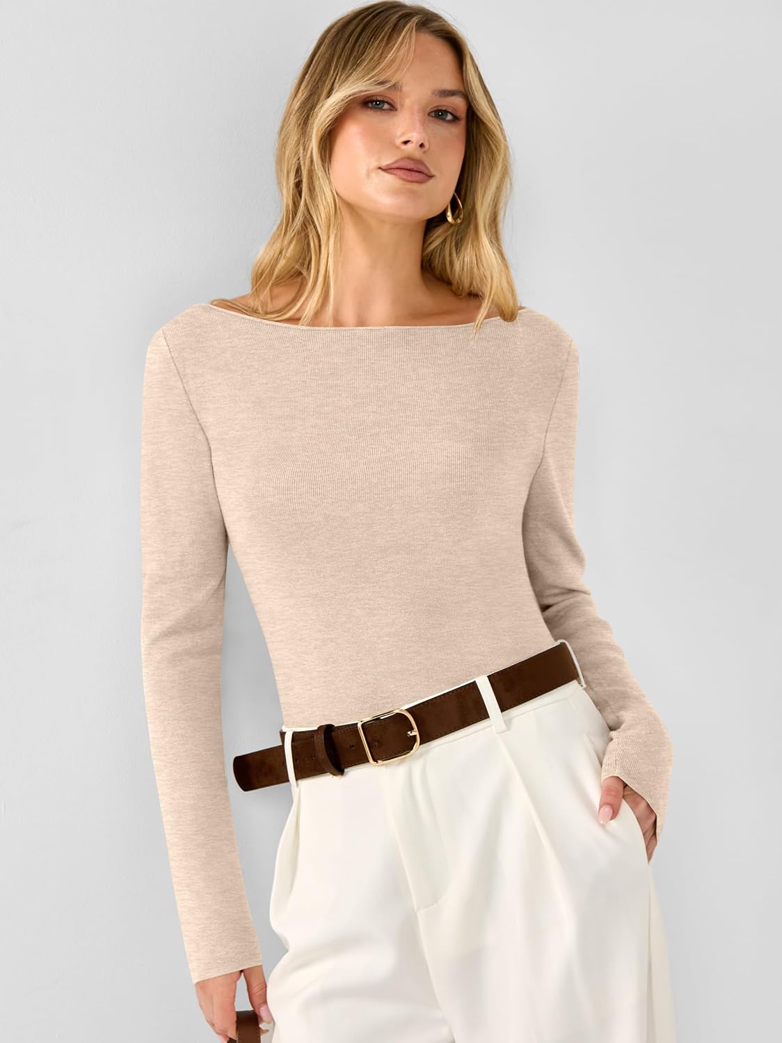 Women's Fall Long Sleeve Boat Neck Lightweight Sweaters | Wool Blend Soft Knit. Comfy Soft Slim Fit Pullover Top. Business Casual Work Outfits.