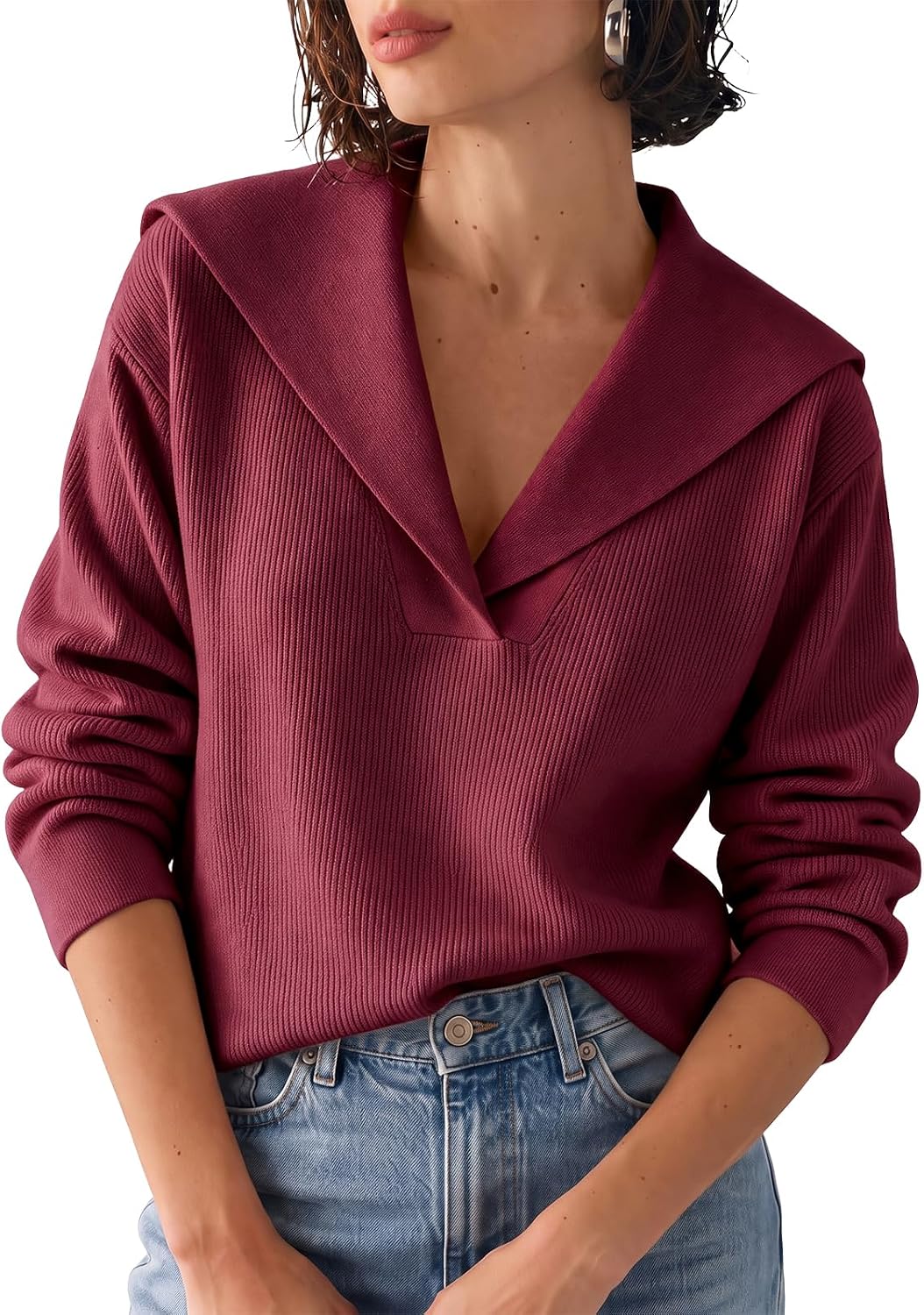 Womens Pullover Sweaters Lapel Collar V Neck Long Sleeve Sweater | Ribbed Knit. Coastal Sailor Collar. Quiet Luxury. Lightweight. Casual Tops.