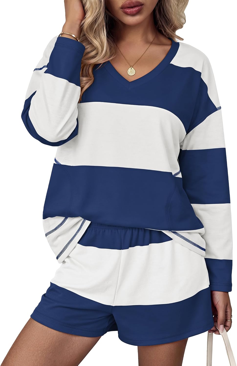 Women Fall Lounge Sets Long Sleeve Shorts Set | Oversized Matching Outfit. 2026 Fall Striped Shirts and Shorts Set.