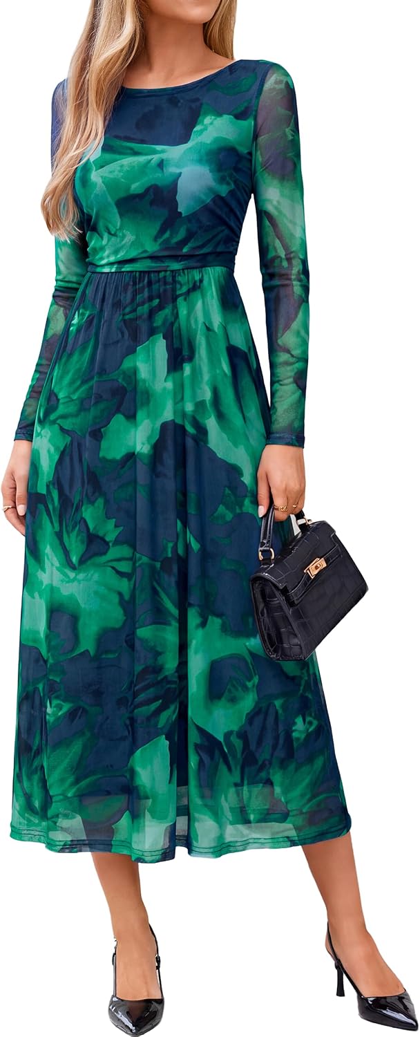 Womens Fall Floral Long Sleeve Cocktail Wedding Guest Maxi Dress | Elegant Semi Formal. Winter Holiday Party. A Line Flowy. Boho Long Dress. Ruched High Waist.