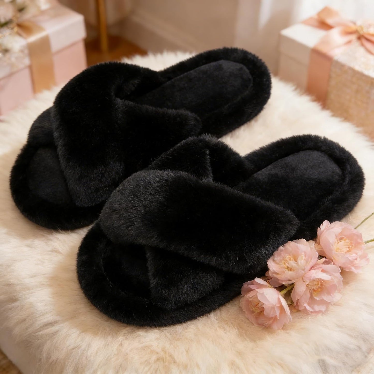 Women's Fuzzy Slippers for Women Cross Band Comfy House Shoes Faux Fur Lined Sandals Slides Memory Foam Open Toe Slip on Indoor | Shoes
