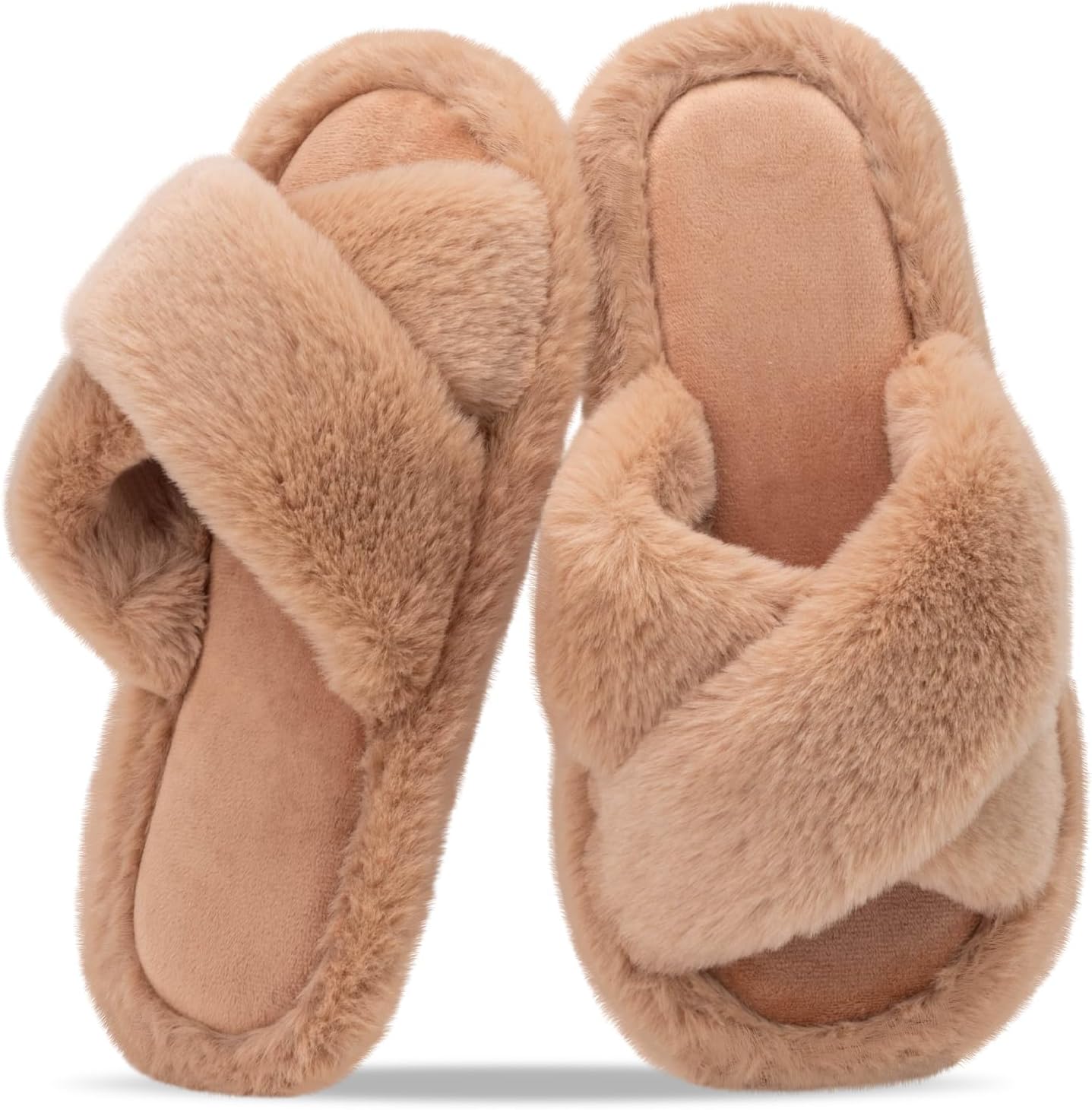 Women's Fuzzy Slippers for Women Cross Band Comfy House Shoes Faux Fur Lined Sandals Slides Memory Foam Open Toe Slip on Indoor | Shoes