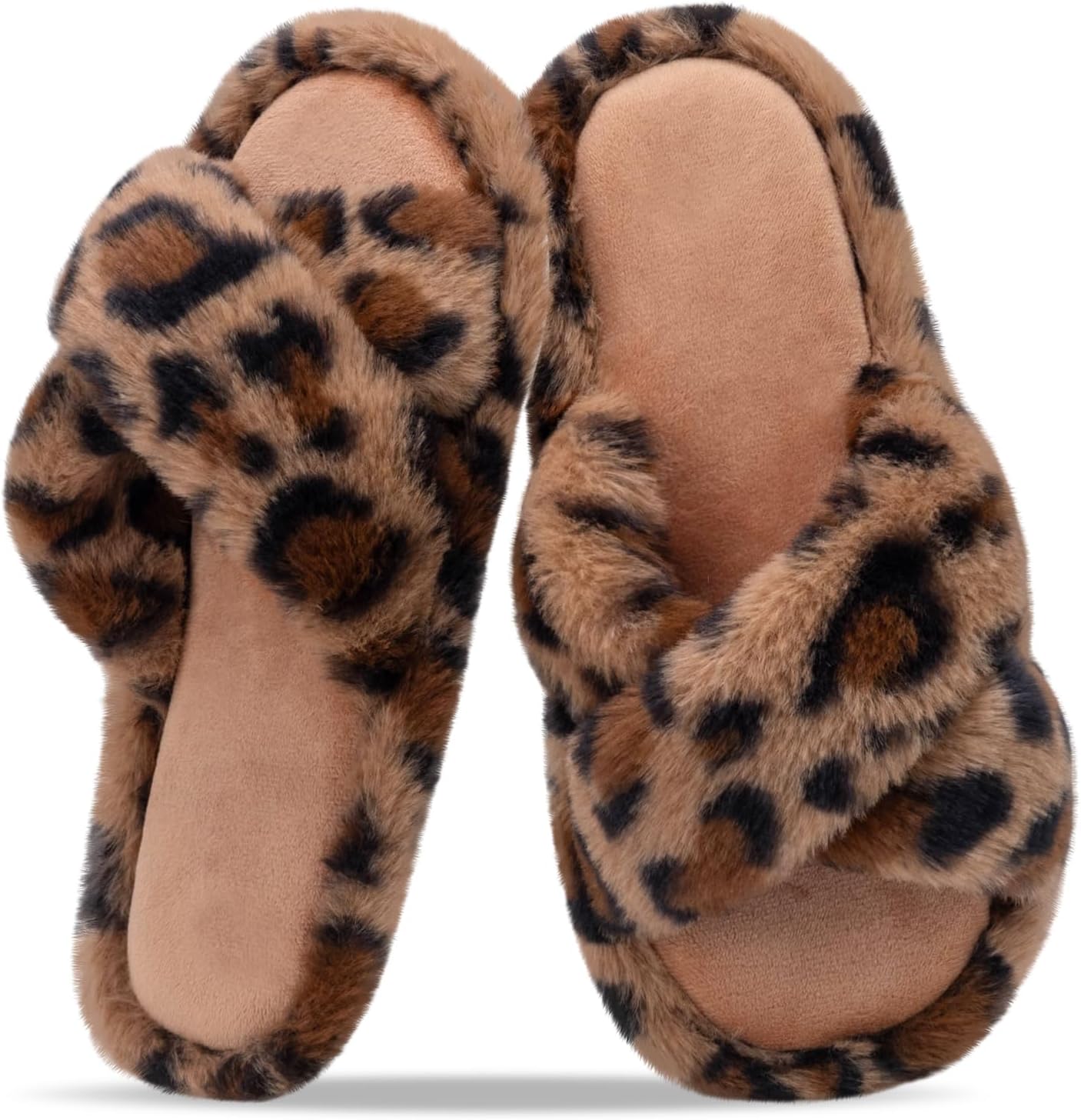 Women's Fuzzy Slippers for Women Cross Band Comfy House Shoes Faux Fur Lined Sandals Slides Memory Foam Open Toe Slip on Indoor | Shoes