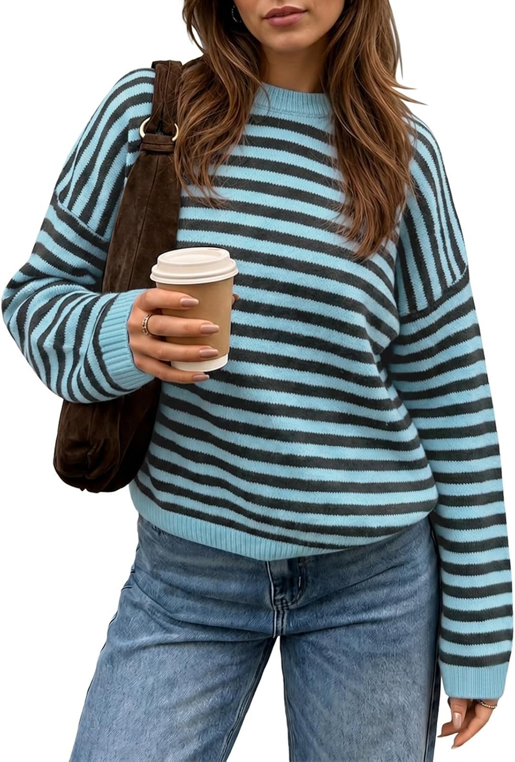 Womens Striped Sweater Oversized Crew Neck Pullover Light Pink | Soft Knit Long Sleeve Tops. Color Block. Trendy Cute Sweaters.