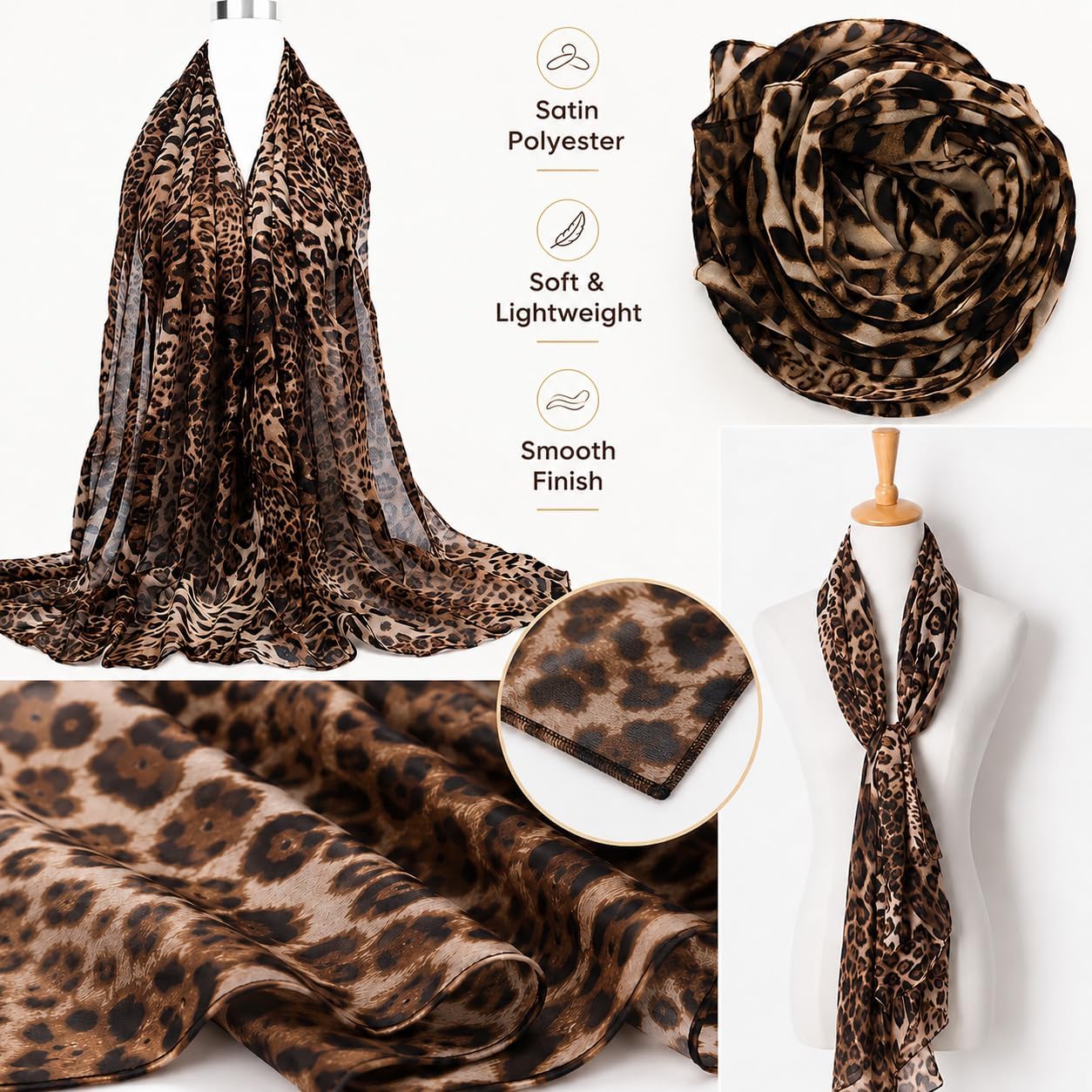 Women Leopard Print Silk Feel Neck Scarf Bandana Shawl Rave Scarves | Cheetah Print Silk Feel Neck Scarf Bandana Shawl Chiffon Satin Lightweight Soft Scarves