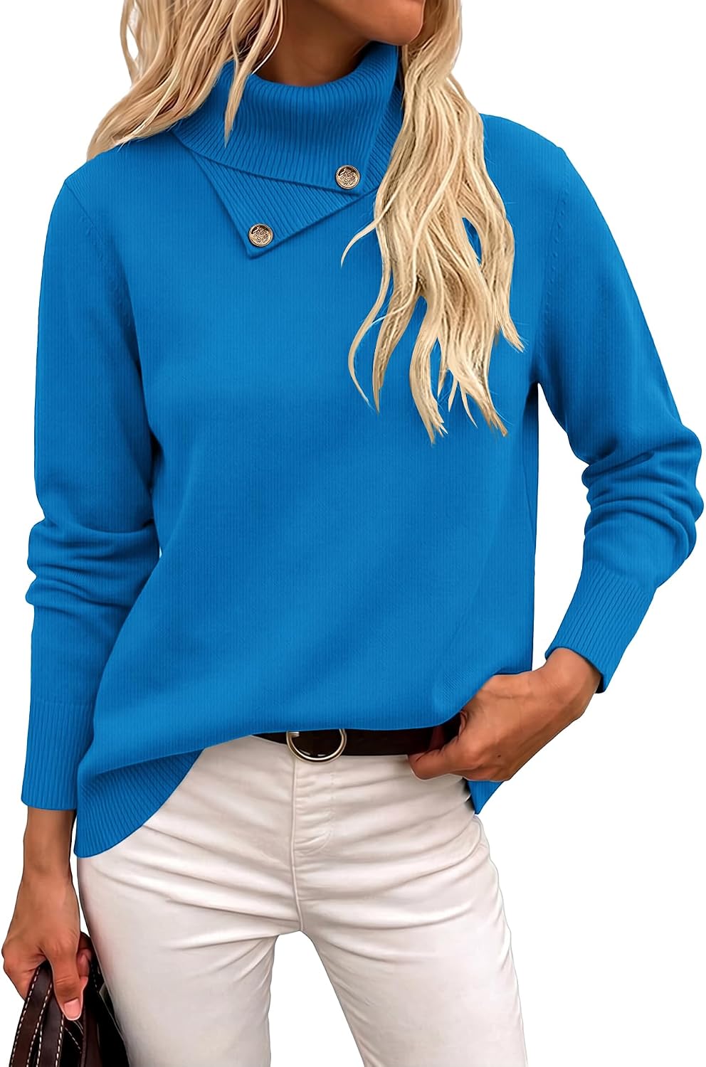 Long Sleeve High Neck Knit Cozy Pullover Sweater with Metal Button.