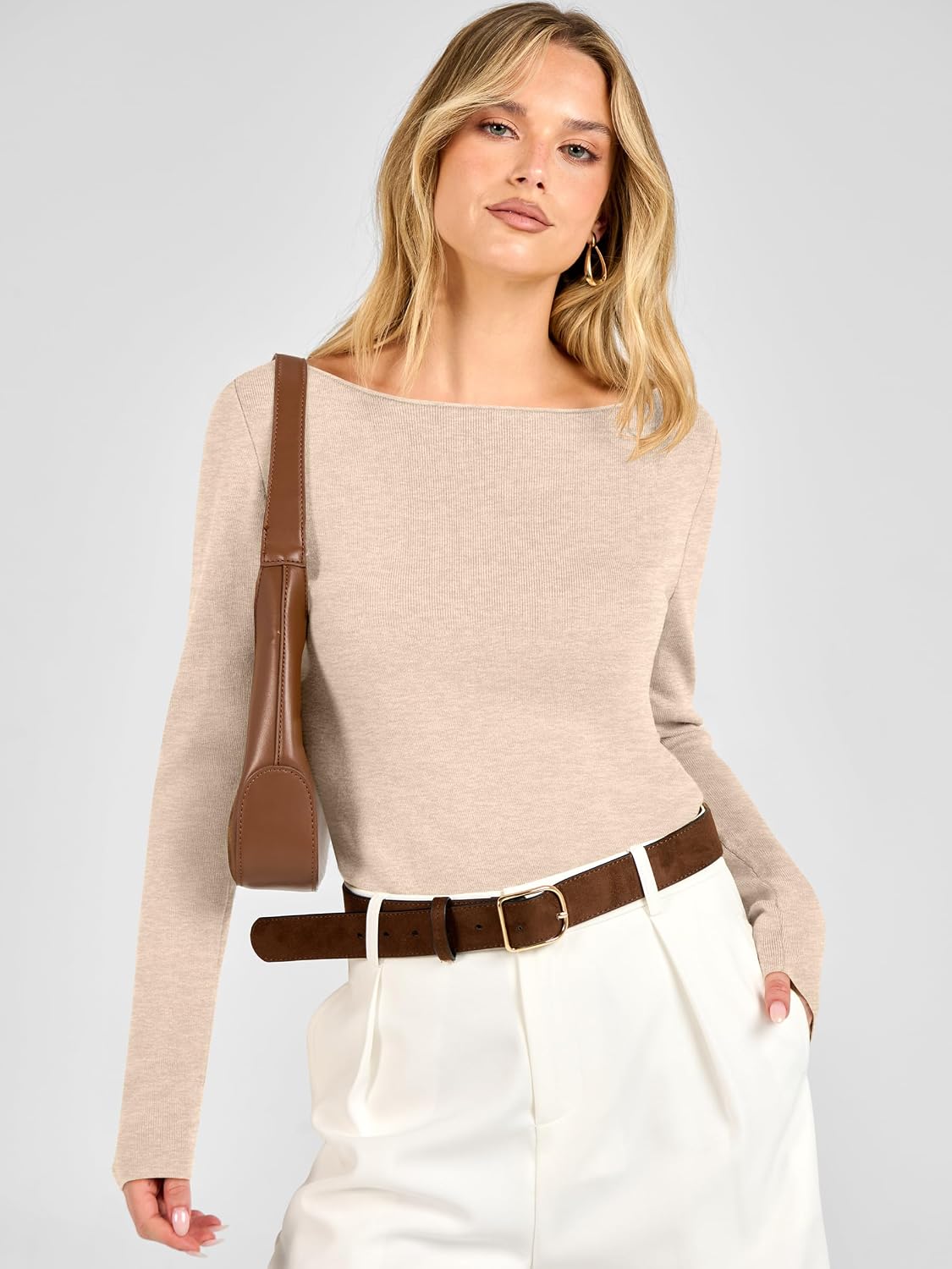 Women's Fall Long Sleeve Boat Neck Lightweight Sweaters | Wool Blend Soft Knit. Comfy Soft Slim Fit Pullover Top. Business Casual Work Outfits.