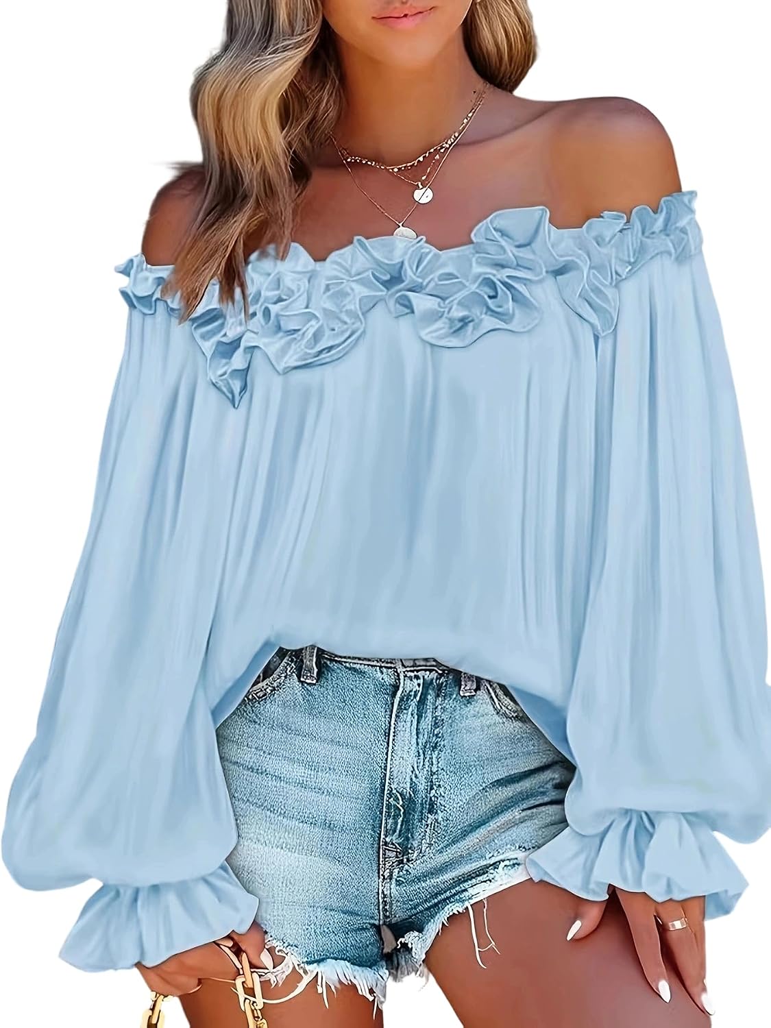 Women's Off Shoulder Tops Sexy Ruffle Neckline Lantern Long Sleeve Summer Casual Loose Fit Flowy Shirts Party Clubwear Tops Black