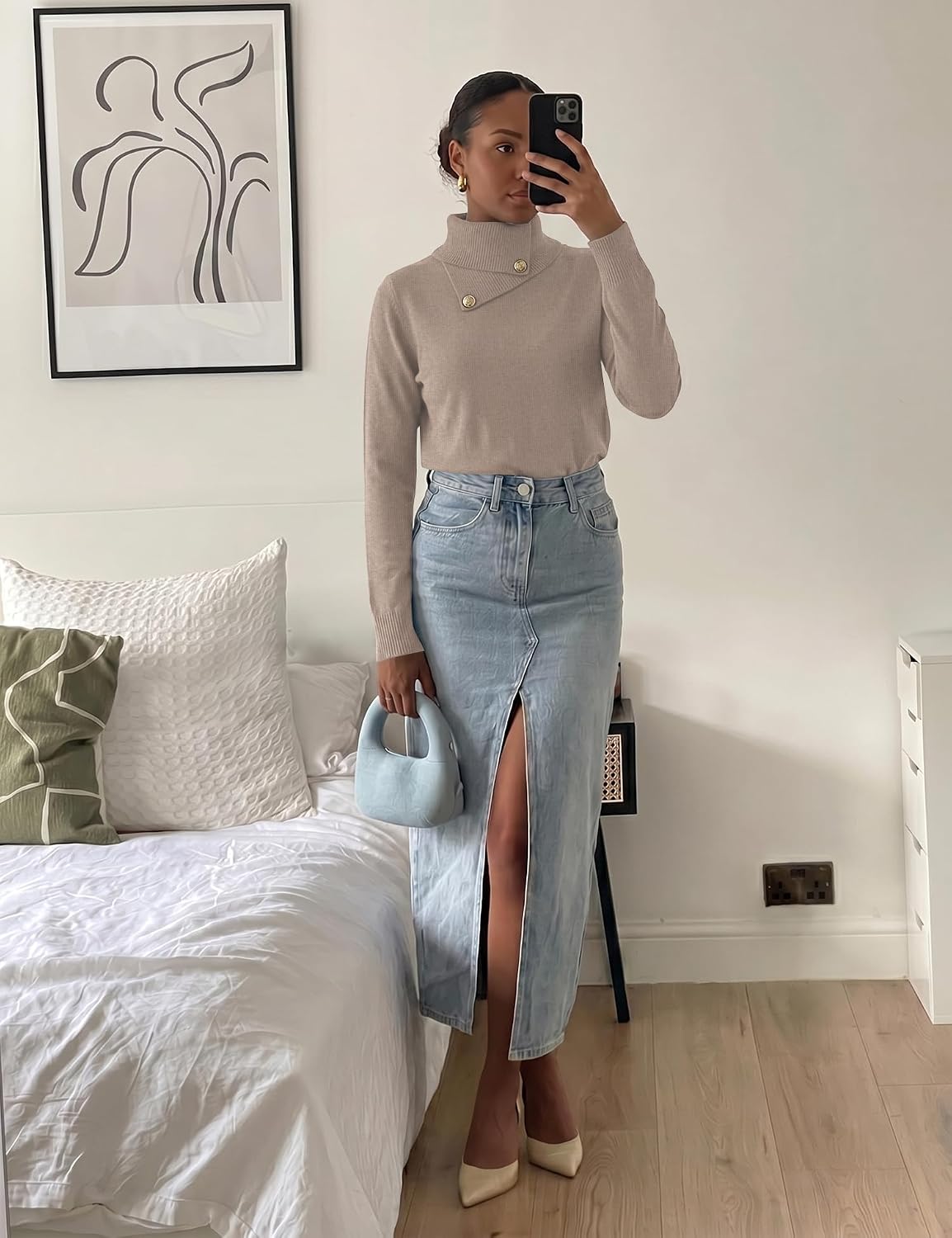 Long Sleeve High Neck Knit Cozy Pullover Sweater with Metal Button.