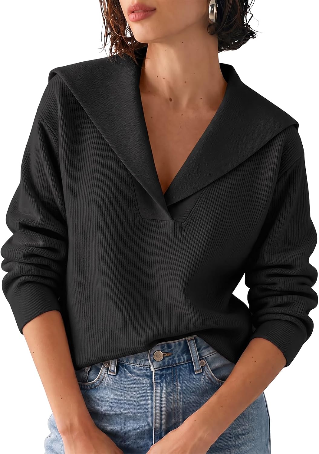 Womens Pullover Sweaters Lapel Collar V Neck Long Sleeve Sweater | Ribbed Knit. Coastal Sailor Collar. Quiet Luxury. Lightweight. Casual Tops.