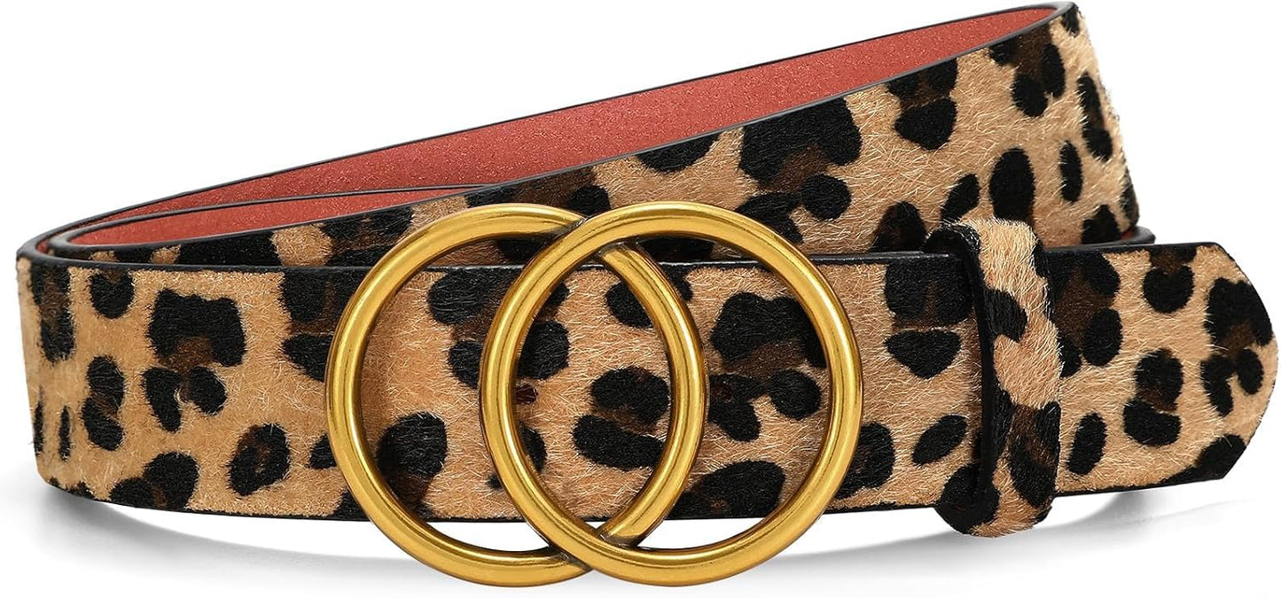Womens Leather Belt for Jeans Pants Fashion Waist Belts Double Ring Buckle.Gold Buckle.leopard.