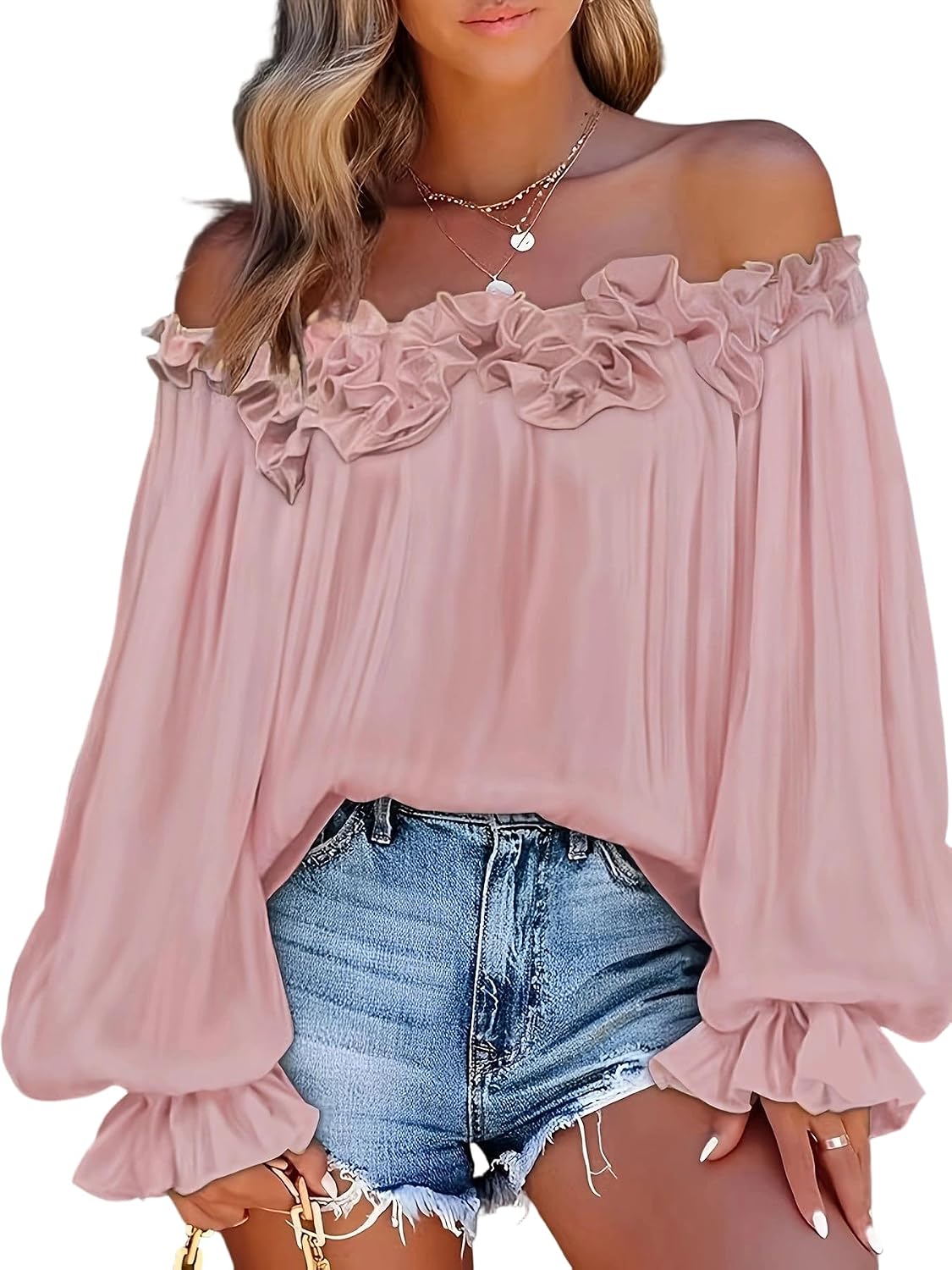 Women's Off Shoulder Tops Sexy Ruffle Neckline Lantern Long Sleeve Summer Casual Loose Fit Flowy Shirts Party Clubwear Tops Black