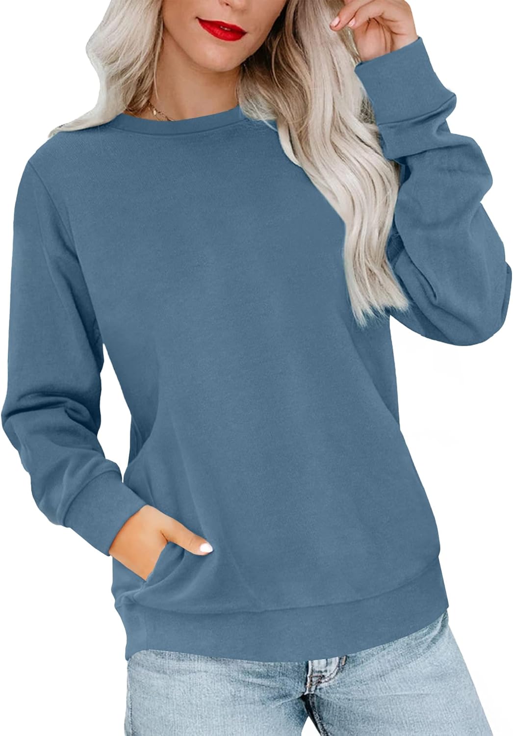 Sweatshirt for Women Plain Long Sleeve Top with Pocket | Ladies Crew Neck Casual Sweaters Outfits