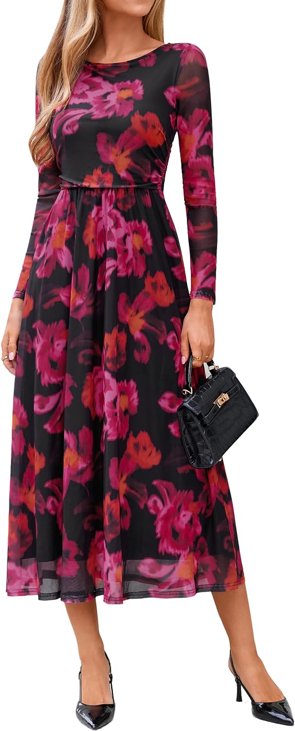 Womens Fall Floral Long Sleeve Cocktail Wedding Guest Maxi Dress | Elegant Semi Formal. Winter Holiday Party. A Line Flowy. Boho Long Dress. Ruched High Waist.