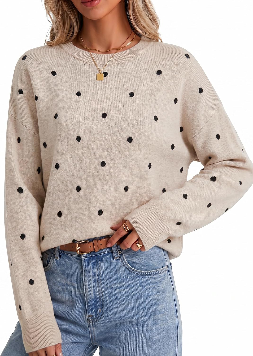 Women's Wool Blend Relaxed Fit Crew Neck Long Sleeve Trendy Sweaters Fall Winter Polka Dot Beige