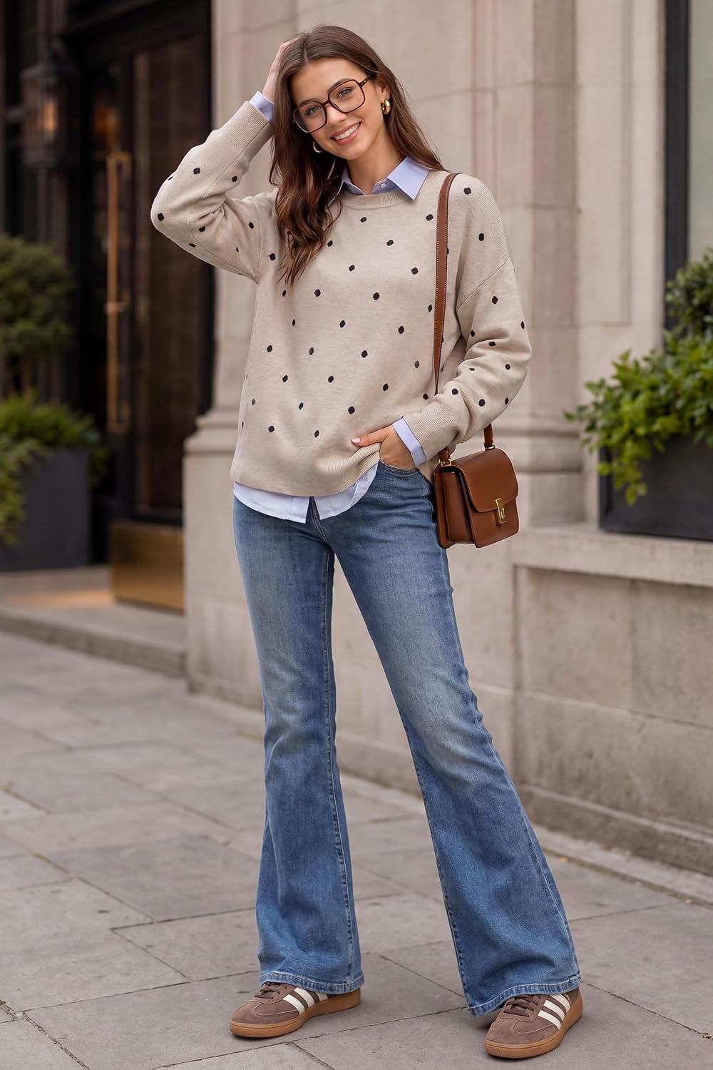 Women's Wool Blend Relaxed Fit Crew Neck Long Sleeve Trendy Sweaters Fall Winter Polka Dot Beige