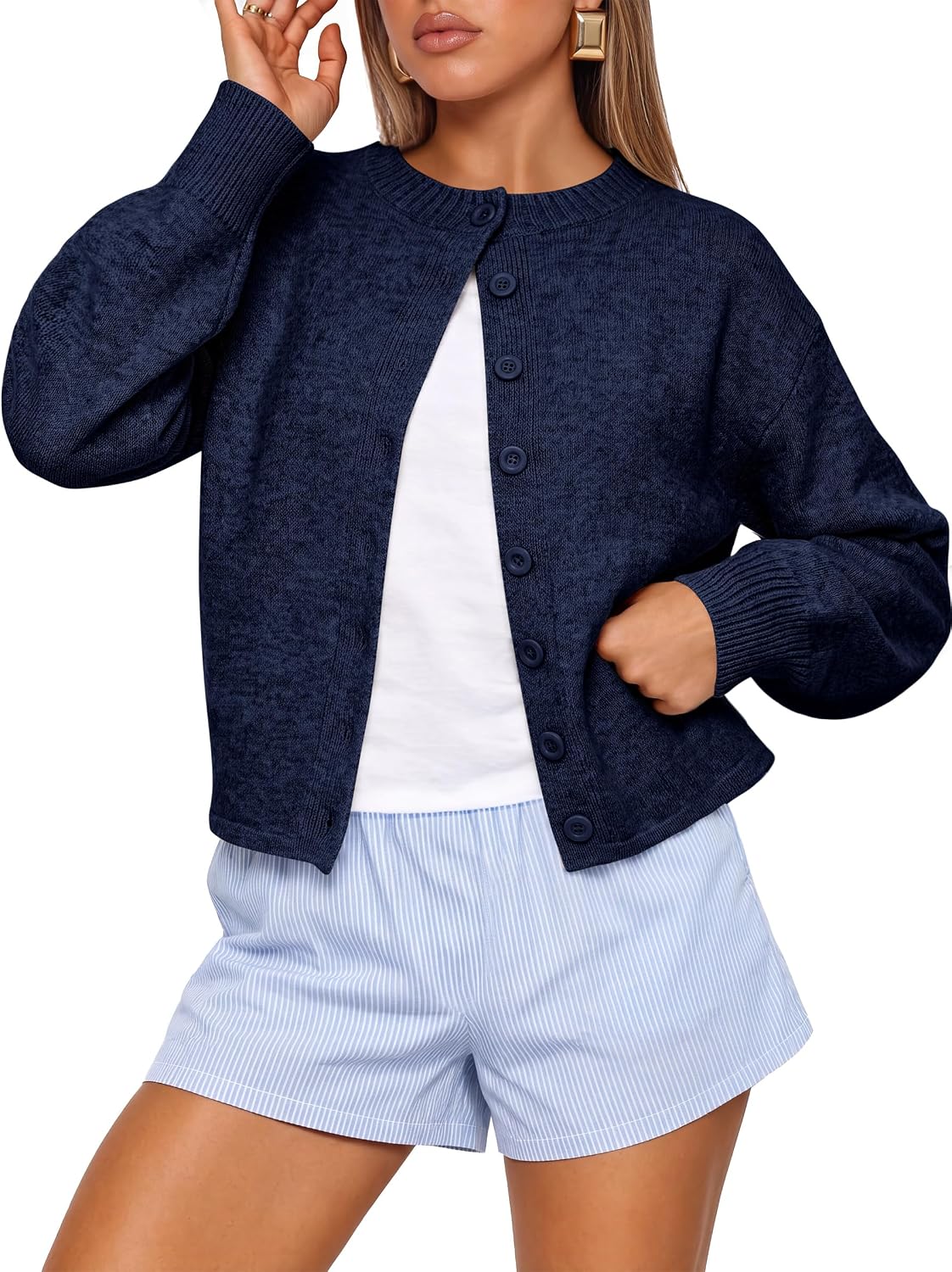 Women Loose Fit Button Down Puff Sleeve | Waist Length.Mid-Weight.Soft Cozy Knit Sweater.Long Sleeve Button Up Fall Outfits.Casual Relaxed Fit.